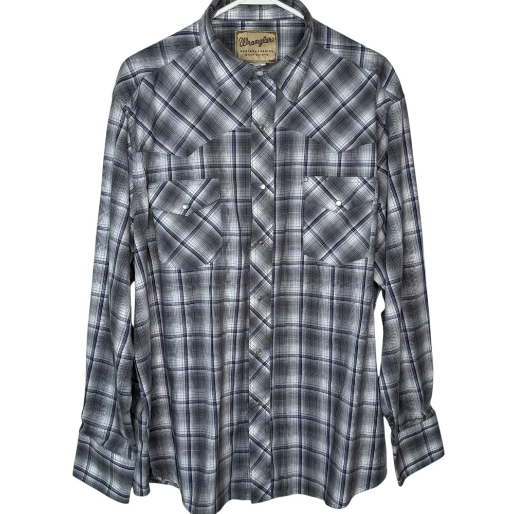 Wrangler Men’s Western Pearl Snap Shirt Size XLT Grey White and Purple Plaid